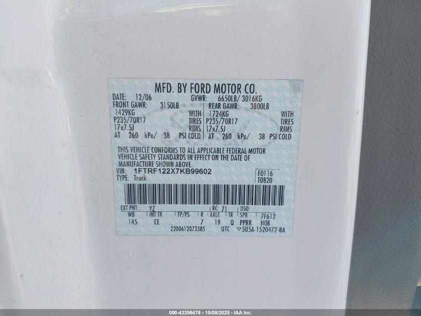 2007 Ford F-150 Stx/Xl/Xlt VIN: 1FTRF122X7KB99602 Lot: 43396476