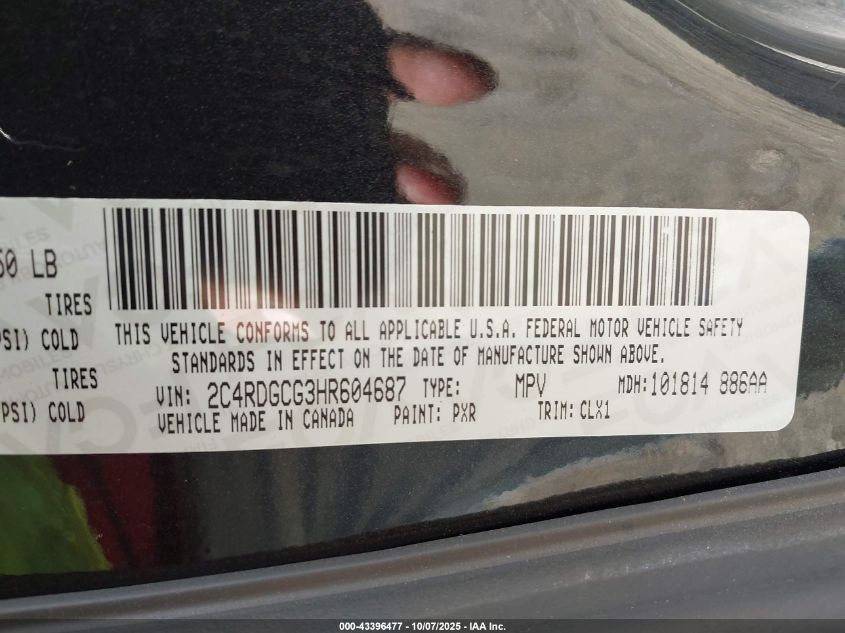 2017 Dodge Grand Caravan Sxt VIN: 2C4RDGCG3HR604687 Lot: 43396477