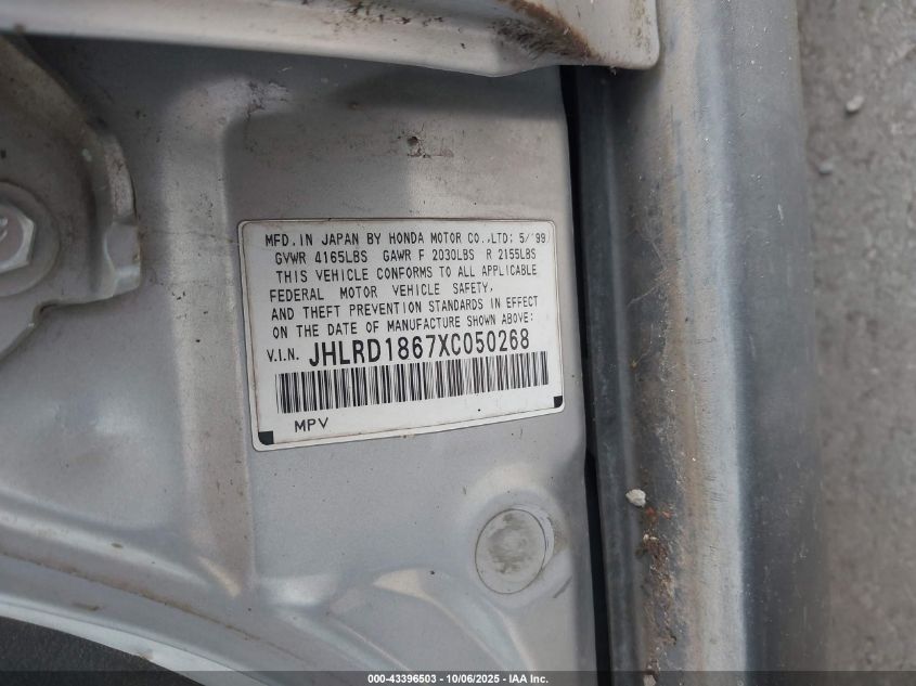 1999 Honda Cr-V Ex VIN: JHLRD1867XC050268 Lot: 43396503