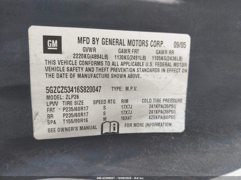 2006 Saturn Vue V6 VIN: 5GZCZ53416S820047 Lot: 43396507