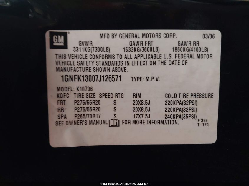 2007 Chevrolet Tahoe Ltz VIN: 1GNFK13007J126571 Lot: 43396515