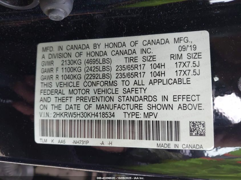 2019 Honda Cr-V Lx VIN: 2HKRW5H30KH418534 Lot: 43396520