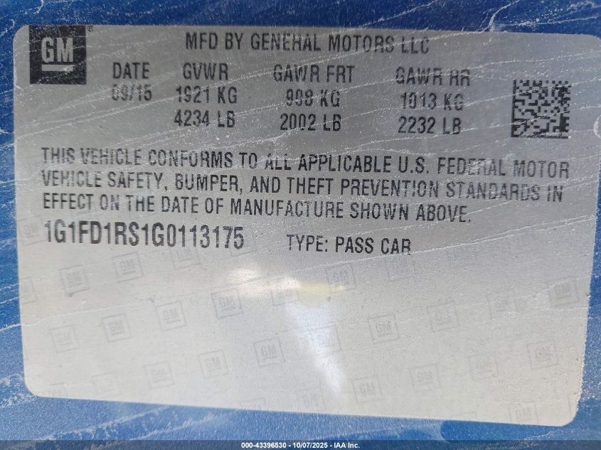 2016 Chevrolet Camaro 2Lt VIN: 1G1FD1RS1G0113175 Lot: 43396530