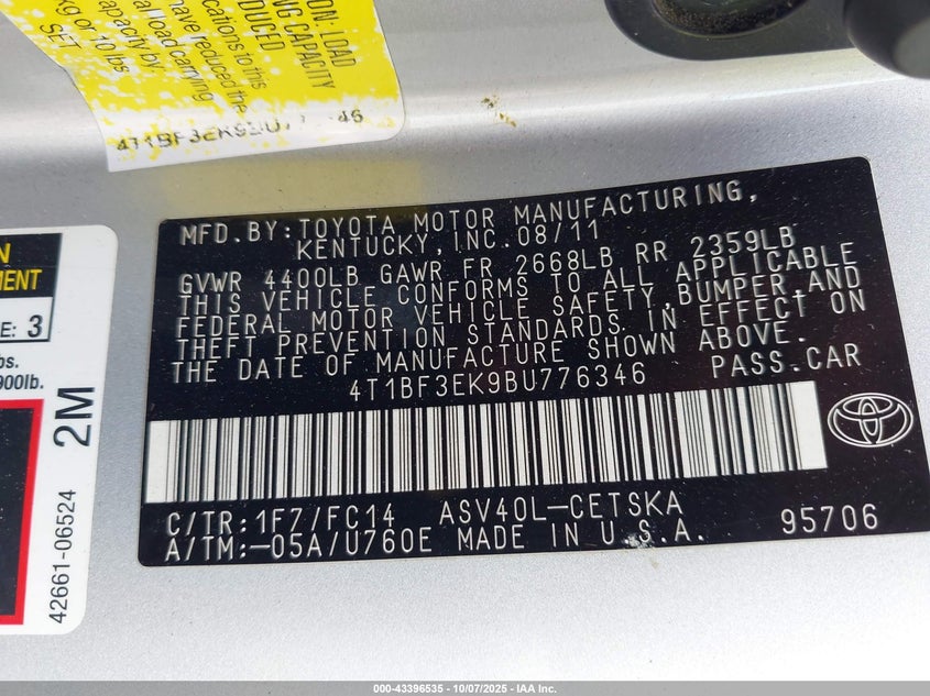 2011 Toyota Camry Se VIN: 4T1BF3EK9BU776346 Lot: 43396535