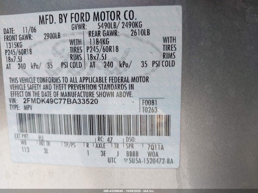 2007 Ford Edge Sel Plus VIN: 2FMDK49C77BA33520 Lot: 43396546