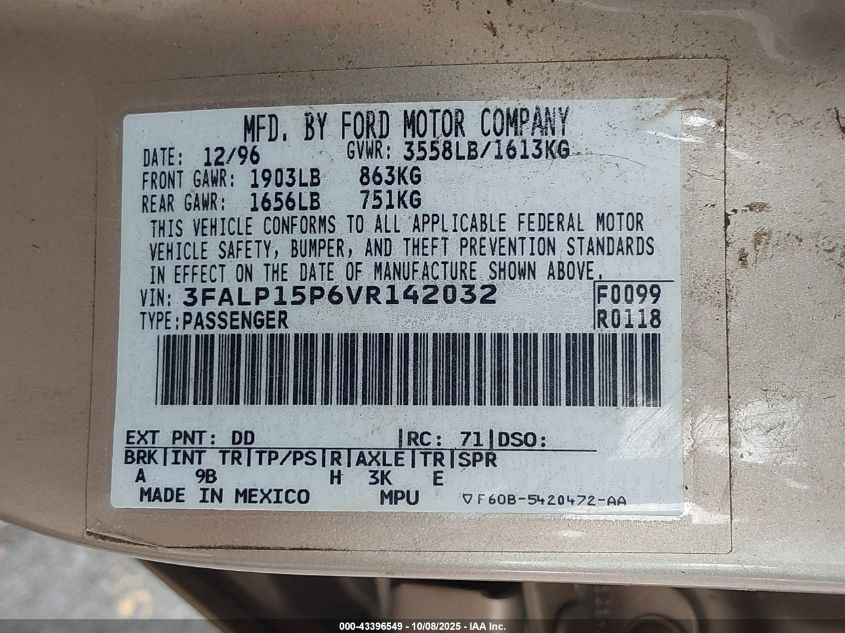 1997 Ford Escort Lx VIN: 3FALP15P6VR142032 Lot: 43396549