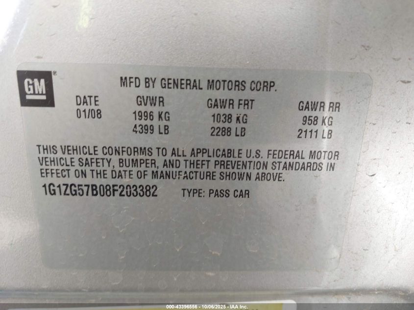 2008 Chevrolet Malibu Ls VIN: 1G1ZG57B08F203382 Lot: 43396556