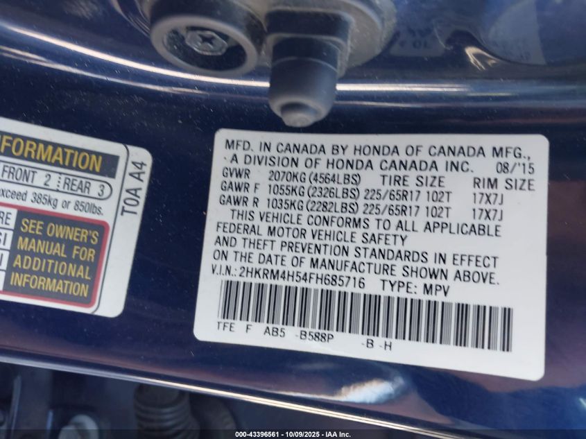 2015 Honda Cr-V Ex VIN: 2HKRM4H54FH685716 Lot: 43396561