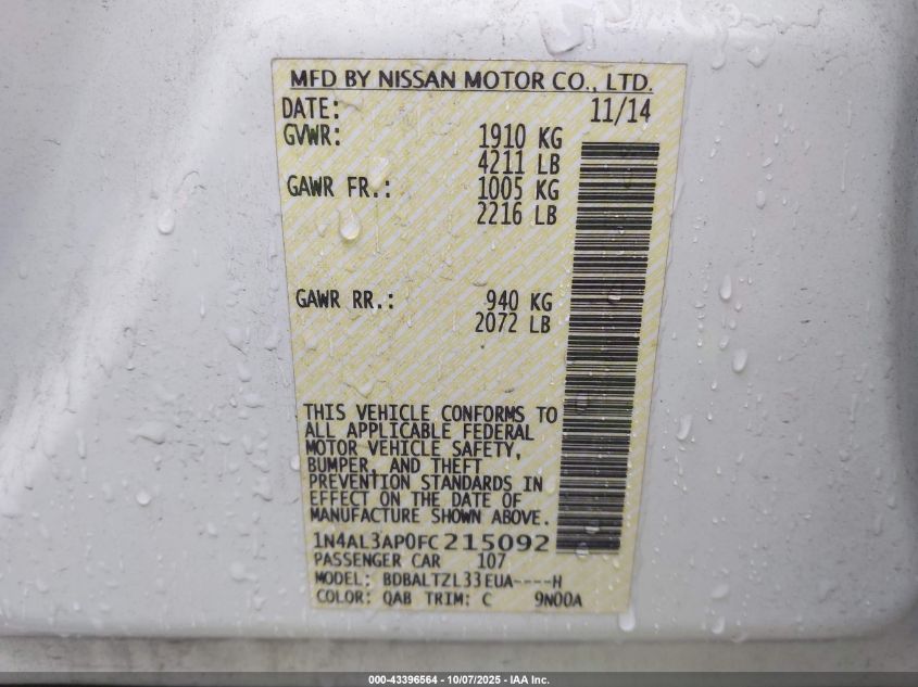 2015 Nissan Altima 2.5 Sl VIN: 1N4AL3AP0FC215092 Lot: 43396564