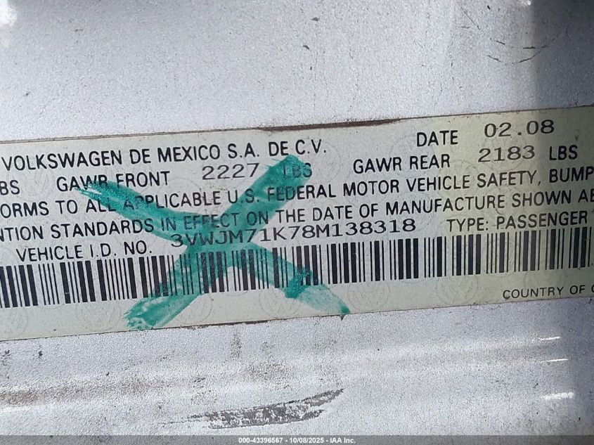 2008 Volkswagen Jetta S VIN: 3VWJM71K78M138318 Lot: 43396567