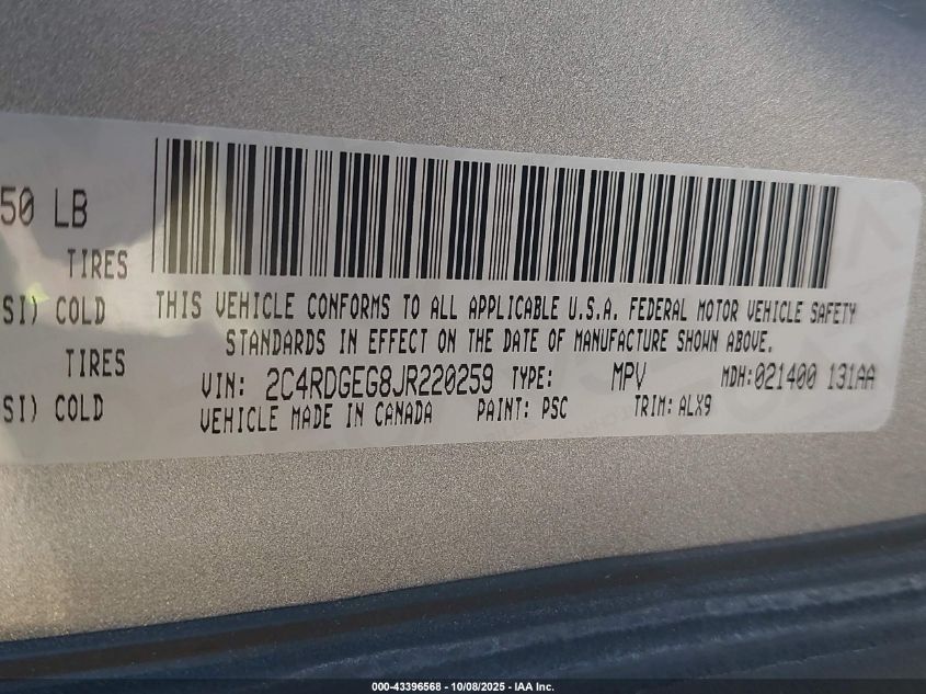 2018 Dodge Grand Caravan Gt VIN: 2C4RDGEG8JR220259 Lot: 43396568