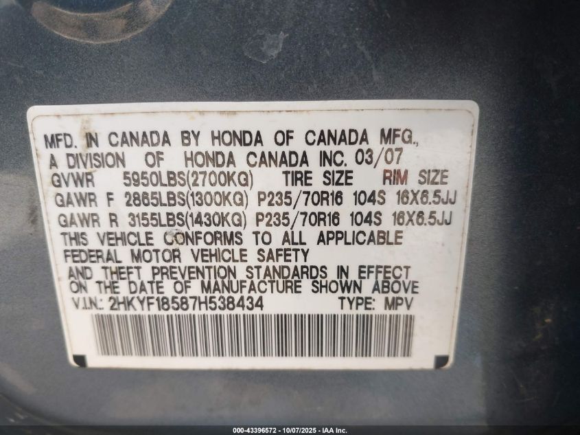 2007 Honda Pilot Ex-L VIN: 2HKYF18587H538434 Lot: 43396572