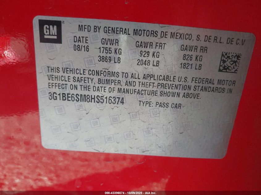 2017 Chevrolet Cruze Lt Auto VIN: 3G1BE6SM8HS516374 Lot: 43396574