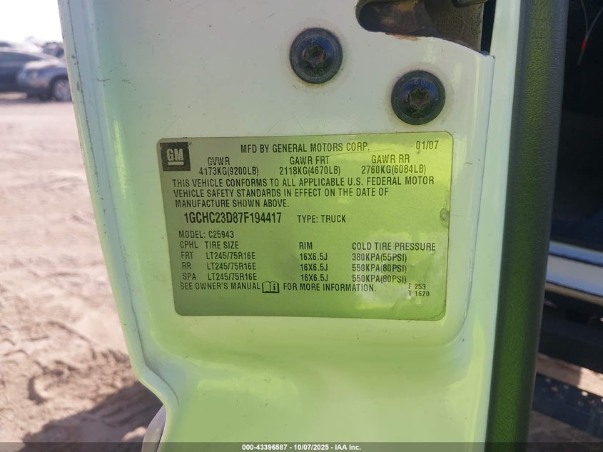 2007 Chevrolet Silverado 2500Hd Classic Lt1 VIN: 1GCHC23D87F194417 Lot: 43396587