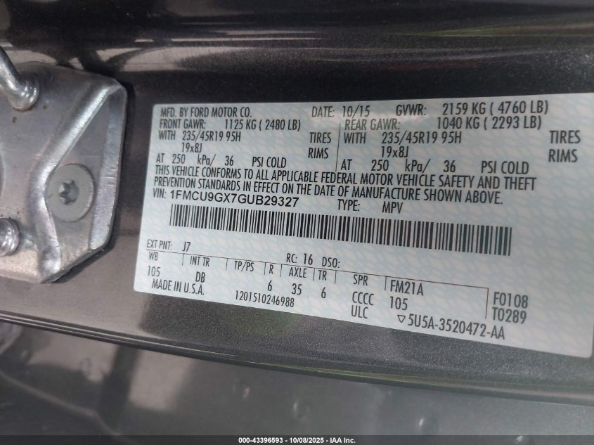 2016 Ford Escape Se VIN: 1FMCU9GX7GUB29327 Lot: 43396593