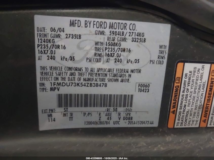 2004 Ford Explorer Nbx/Xlt VIN: 1FMDU73K54ZB38478 Lot: 43396606