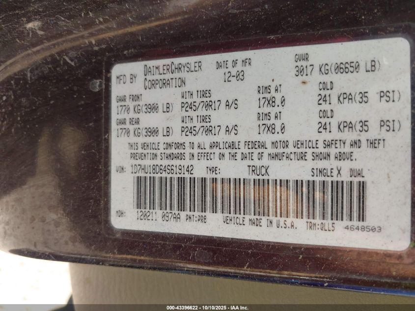 2004 Dodge Ram 1500 Slt/Laramie VIN: 1D7HU18D64S619142 Lot: 43396622