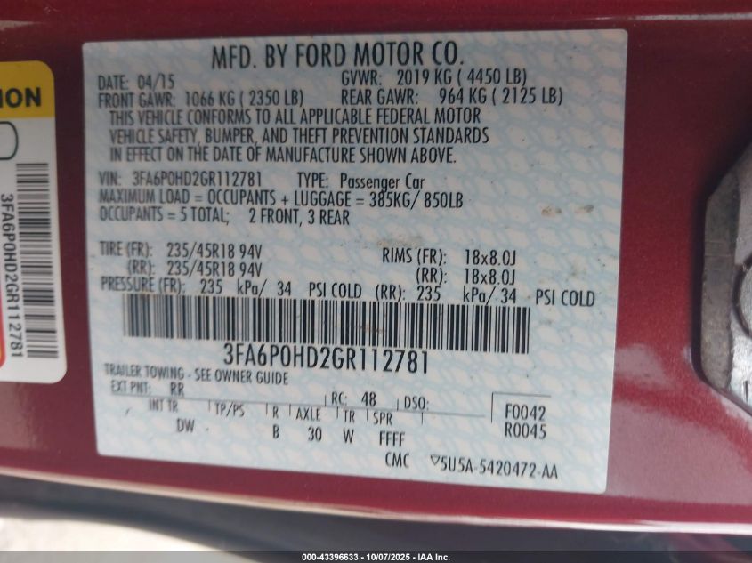 2016 Ford Fusion Se VIN: 3FA6P0HD2GR112781 Lot: 43396633