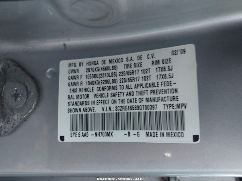 2009 Honda Cr-V Ex VIN: 3CZRE48589G700397 Lot: 43396635