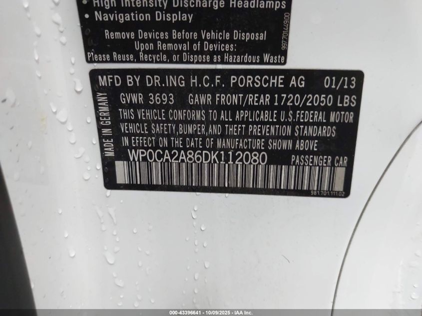 2013 Porsche Boxster VIN: WP0CA2A86DK112080 Lot: 43396641