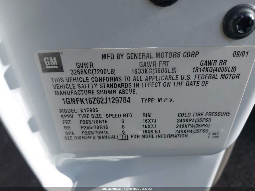 2002 Chevrolet Suburban 1500 Ls VIN: 1GNFK16Z62J129784 Lot: 43396643