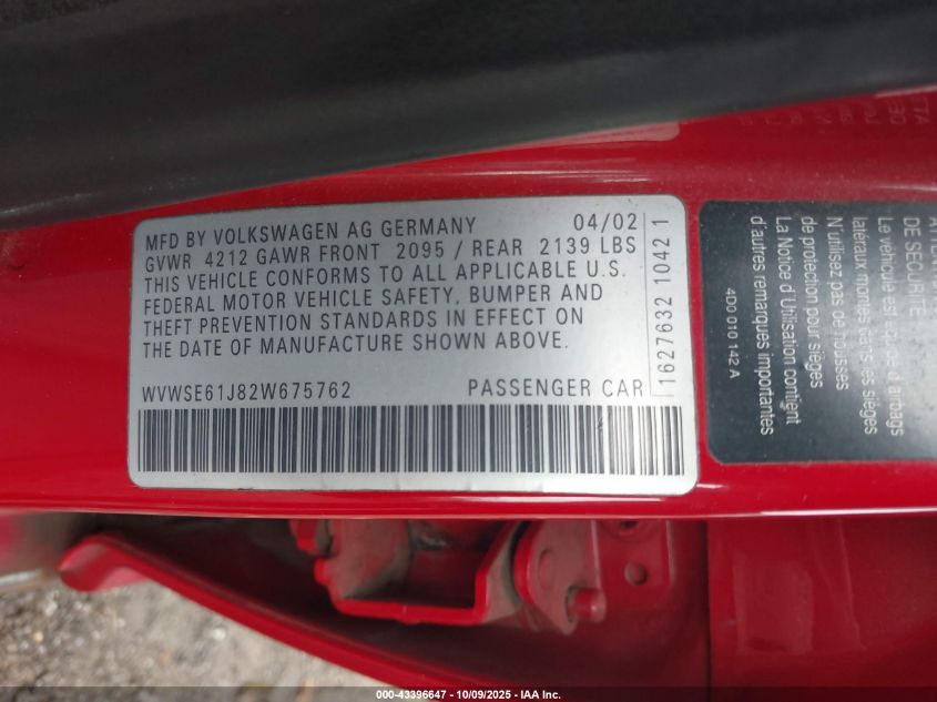 2002 Volkswagen Jetta Gls 1.8L VIN: WVWSE61J82W675762 Lot: 43396647