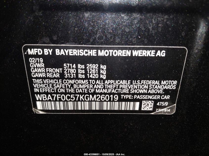 2019 BMW 750I VIN: WBA7F0C57KGM26019 Lot: 43396651