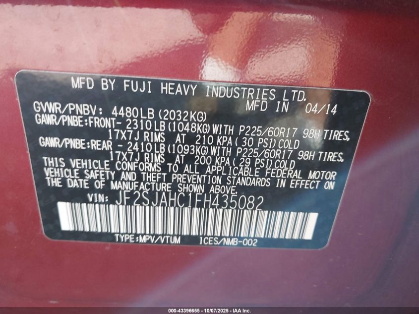 2015 Subaru Forester 2.5I Limited VIN: JF2SJAHC1FH435082 Lot: 43396655