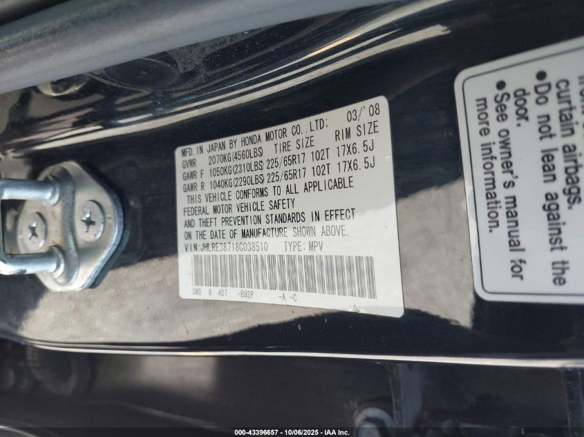 2008 Honda Cr-V Ex-L VIN: JHLRE38718C038510 Lot: 43396657