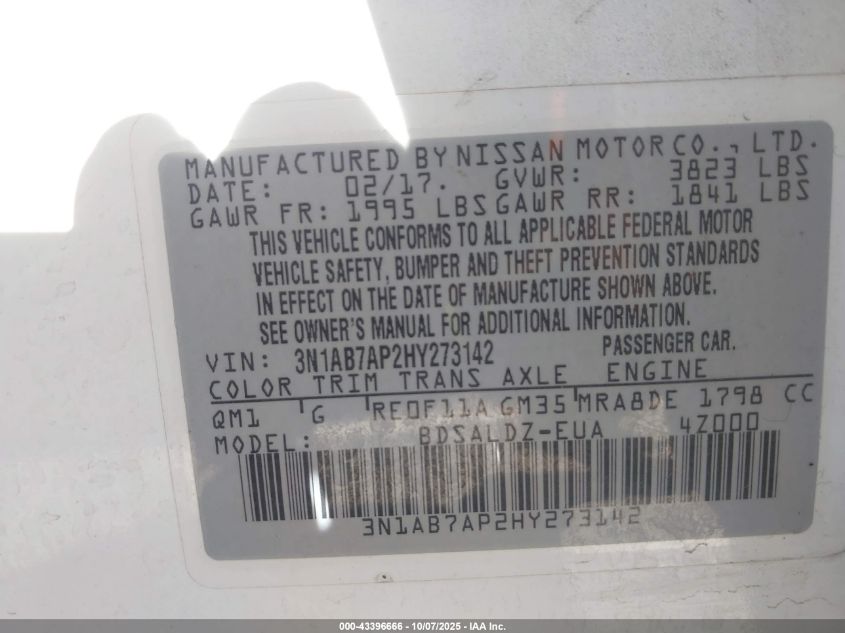 2017 Nissan Sentra Sv VIN: 3N1AB7AP2HY273142 Lot: 43396666