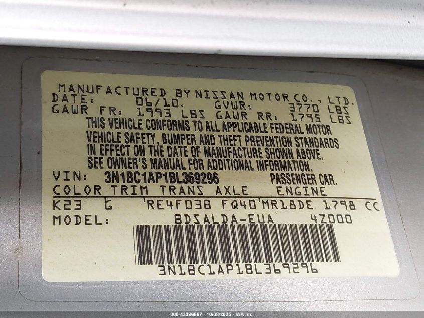 2011 Nissan Versa 1.8S VIN: 3N1BC1AP1BL369296 Lot: 43396667