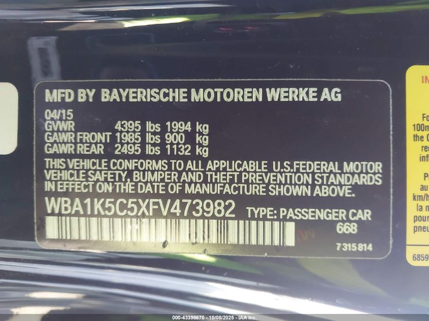 2015 BMW 228I VIN: WBA1K5C5XFV473982 Lot: 43396670