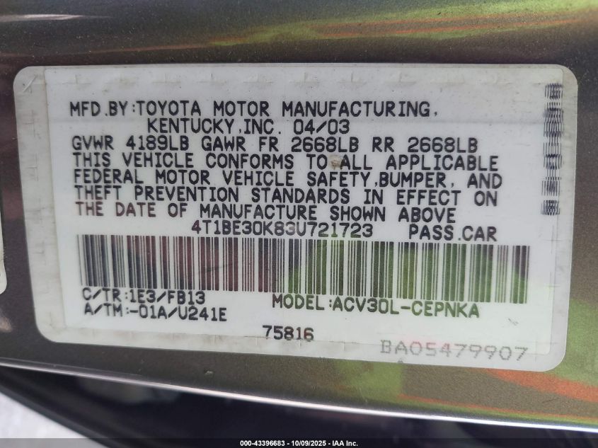 2003 Toyota Camry Le VIN: 4T1BE30K83U721723 Lot: 43396683