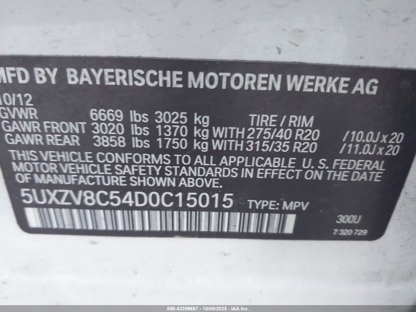 2013 BMW X5 xDrive50I VIN: 5UXZV8C54D0C15015 Lot: 43396687