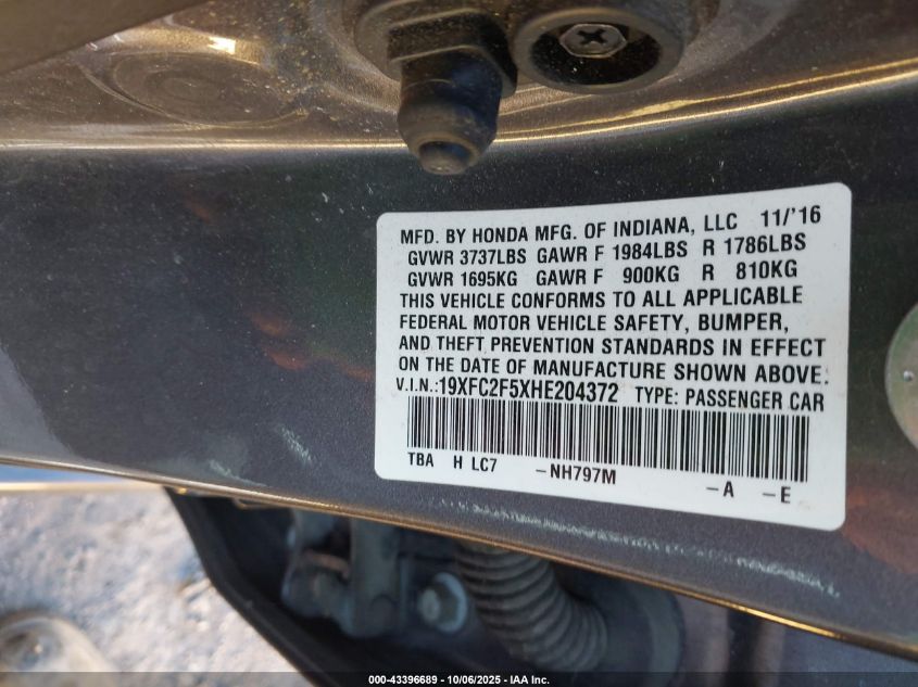 2017 Honda Civic Lx VIN: 19XFC2F5XHE204372 Lot: 43396689