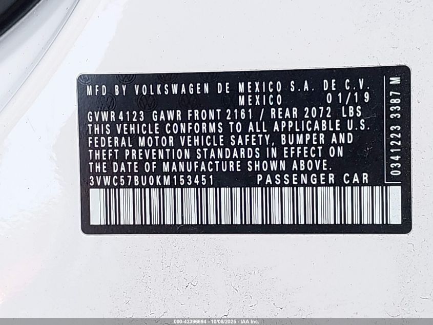 2019 Volkswagen Jetta 1.4T R-Line/1.4T S/1.4T Se VIN: 3VWC57BU0KM153451 Lot: 43396694