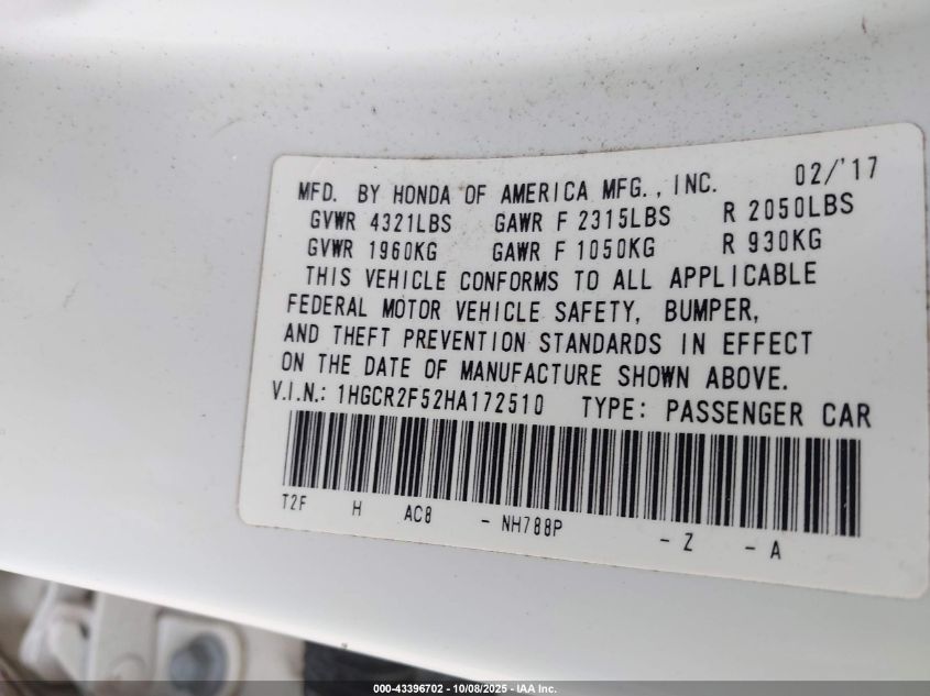 2017 Honda Accord Sport VIN: 1HGCR2F52HA172510 Lot: 43396702