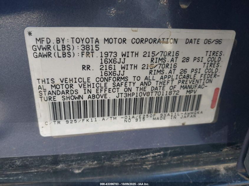 1996 Toyota Rav4 VIN: JT3HP10V0T7011872 Lot: 43396703