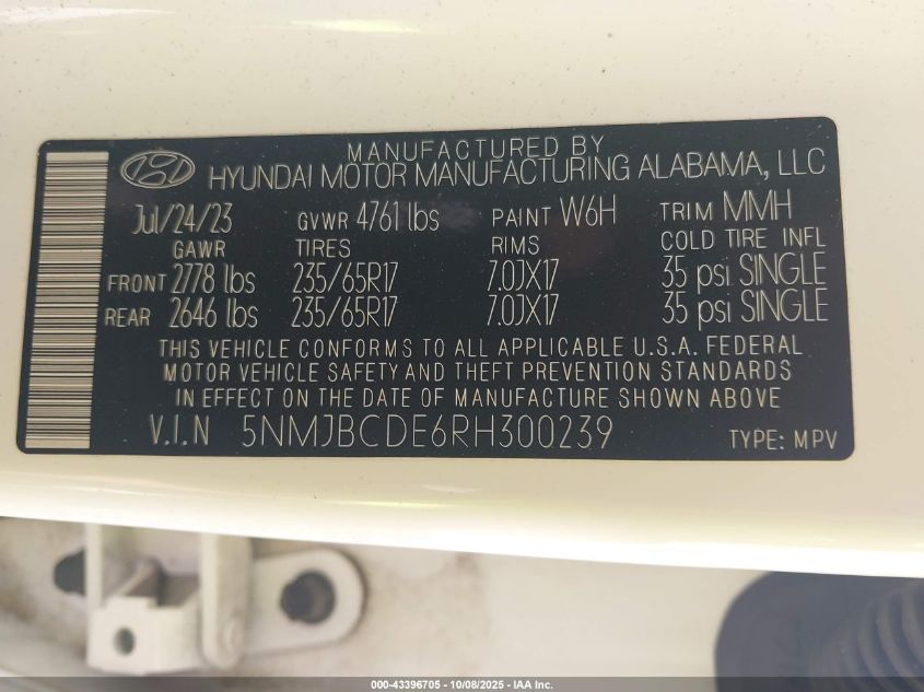 2024 Hyundai Tucson Sel VIN: 5NMJBCDE6RH300239 Lot: 43396705