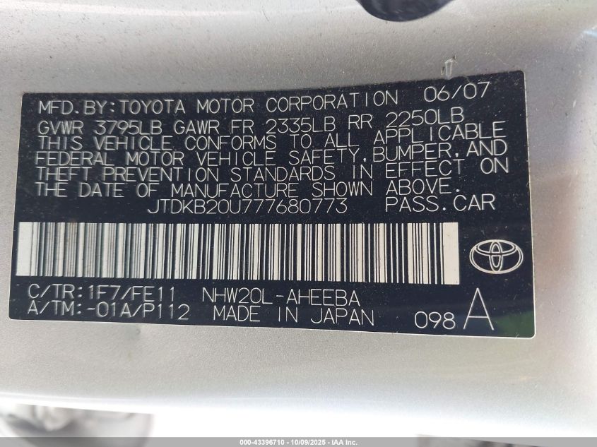 2007 Toyota Prius VIN: JTDKB20U777680773 Lot: 43396710