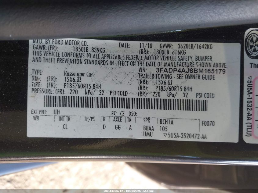 2011 Ford Fiesta S VIN: 3FADP4AJ8BM165179 Lot: 43396712