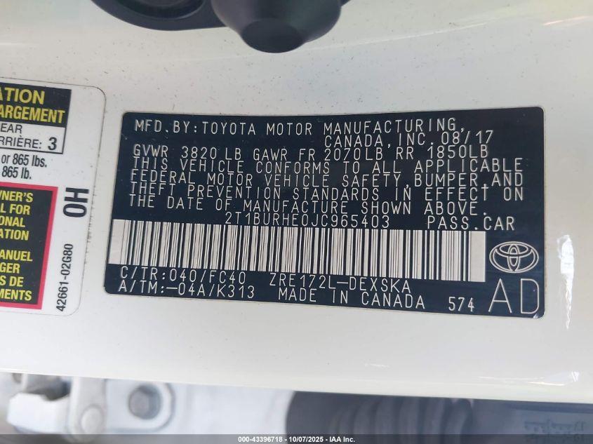 2018 Toyota Corolla Se VIN: 2T1BURHE0JC965403 Lot: 43396718