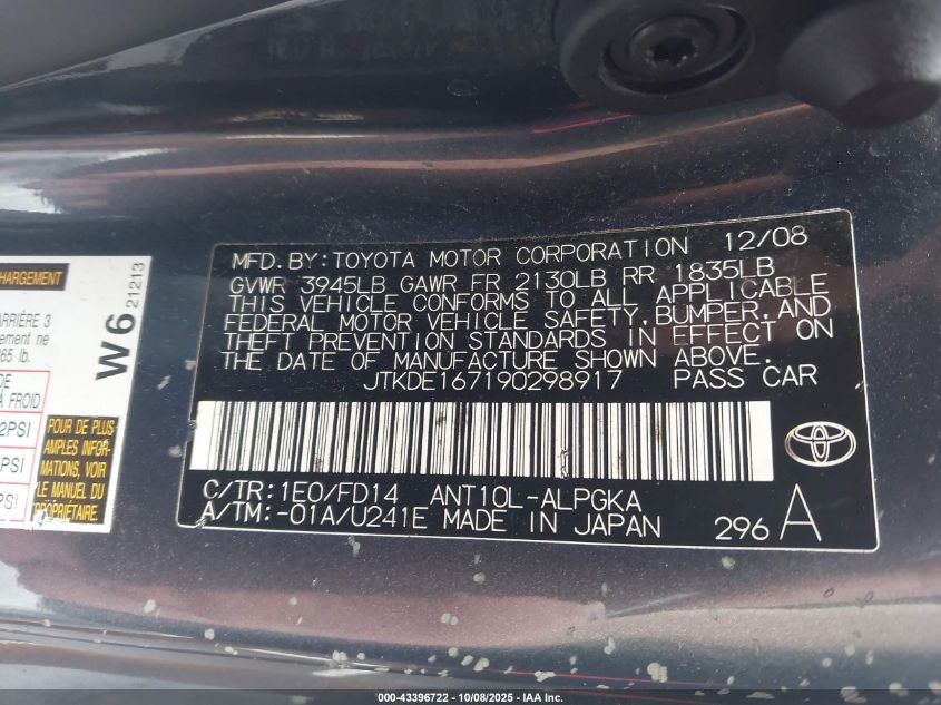 2009 Scion Tc VIN: JTKDE167190298917 Lot: 43396722