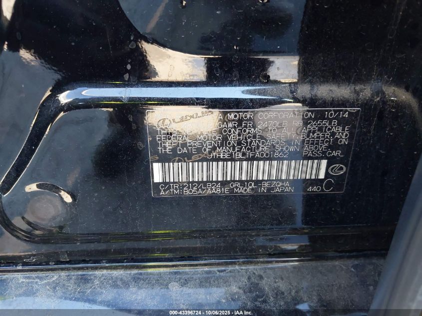 2015 Lexus Gs 350 VIN: JTHBE1BL1FA001862 Lot: 43396724