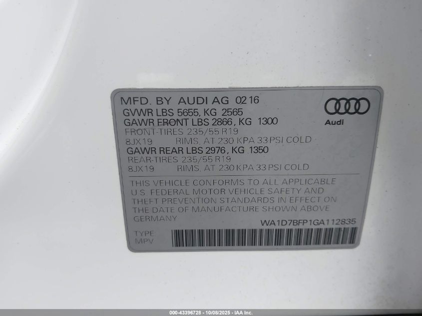 2016 Audi Q5 3.0T Premium Plus VIN: WA1D7BFP1GA112835 Lot: 43396728