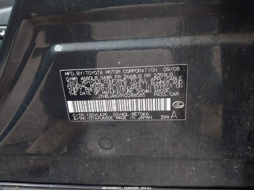 2009 Lexus Es 350 VIN: JTHBJ46G992288585 Lot: 43396731