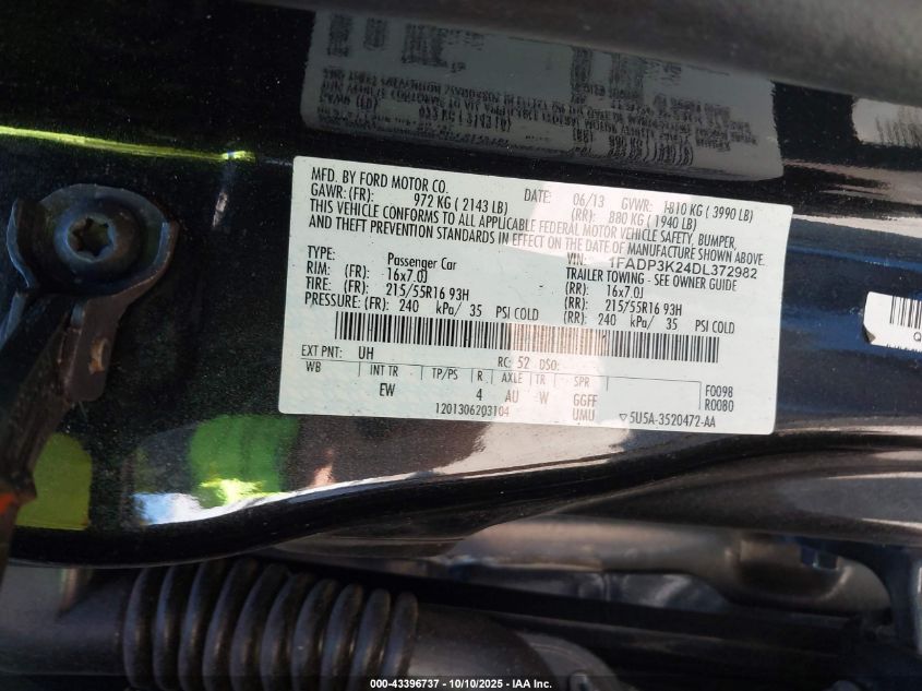 2013 Ford Focus Se VIN: 1FADP3K24DL372982 Lot: 43396737