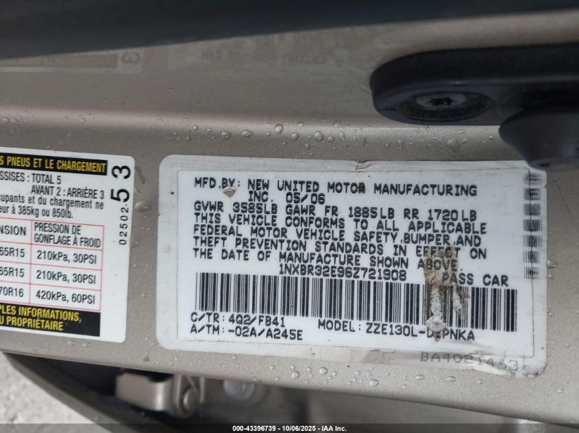 2006 Toyota Corolla Le VIN: 1NXBR32E96Z721908 Lot: 43396739