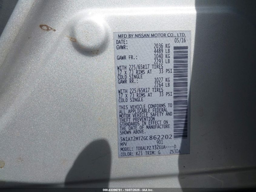 2016 Nissan Rogue S VIN: 5N1AT2MT2GC862202 Lot: 43396751