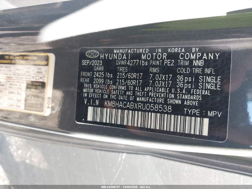 2024 Hyundai Kona Se VIN: KM8HACABXRU058538 Lot: 43396757